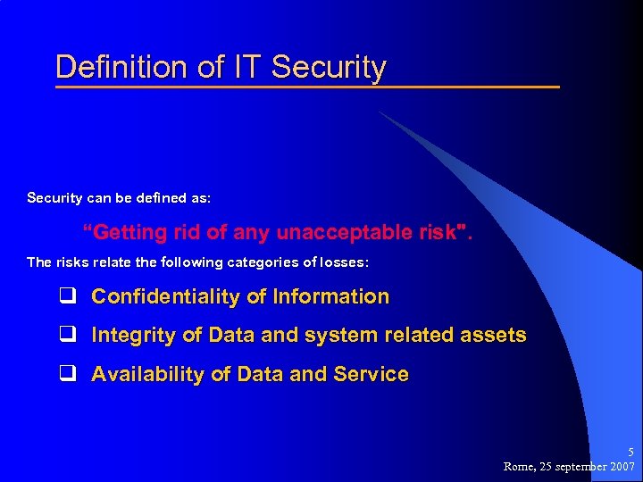 Definition of IT Security can be defined as: “Getting rid of any unacceptable risk