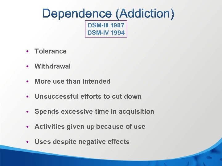 DSM-III 1987 DSM-IV 1994 • Tolerance • Withdrawal • More use than intended •