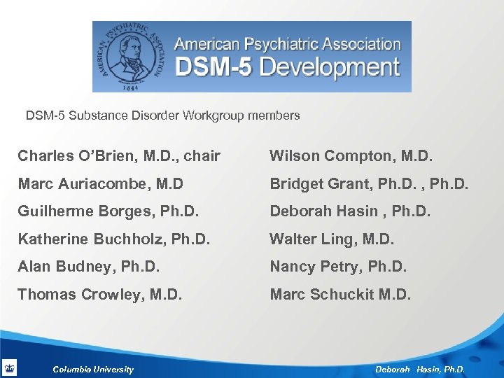DSM-5 Substance Disorder Workgroup members Charles O’Brien, M. D. , chair Wilson Compton, M.