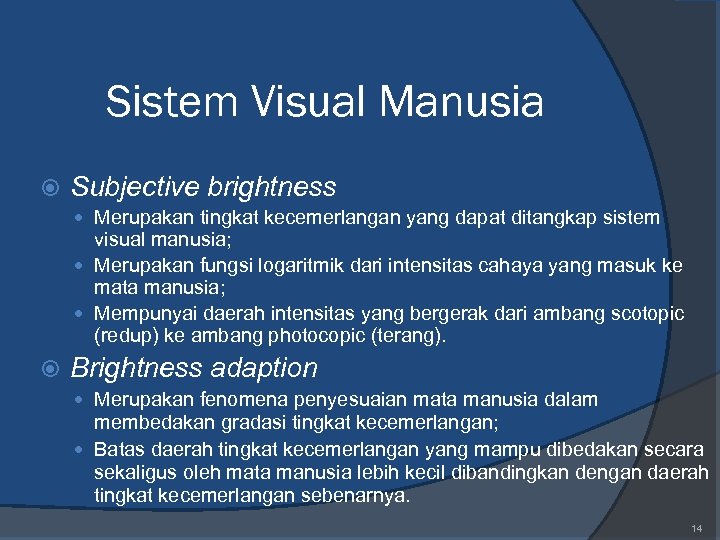 Sistem Visual Manusia Subjective brightness Merupakan tingkat kecemerlangan yang dapat ditangkap sistem visual manusia;