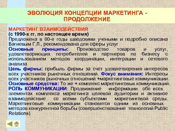 ЭВОЛЮЦИЯ КОНЦЕПЦИИ МАРКЕТИНГА - ПРОДОЛЖЕНИЕ МАРКЕТИНГ ВЗАИМОДЕЙСТВИЯ (с 1990 -х гг. по настоящее время)