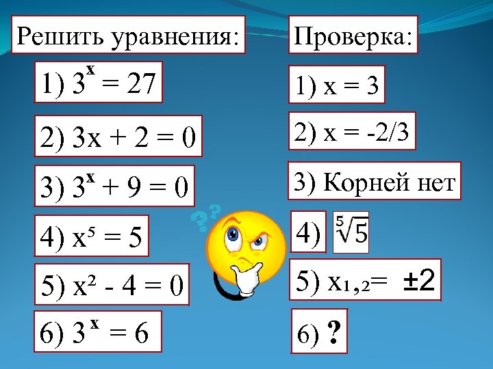 Решить уравнения: x Проверка: 1) 3 = 27 1) x = 3 2) 3
