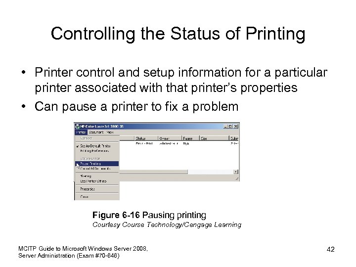 Controlling the Status of Printing • Printer control and setup information for a particular