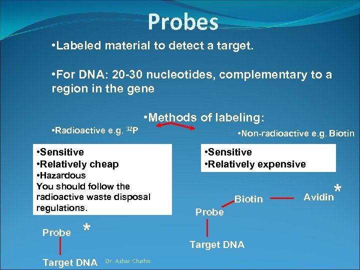 Probes • Labeled material to detect a target. • For DNA: 20 -30 nucleotides,