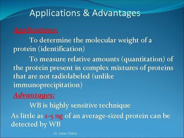 Applications & Advantages Applications: To determine the molecular weight of a protein (identification) To