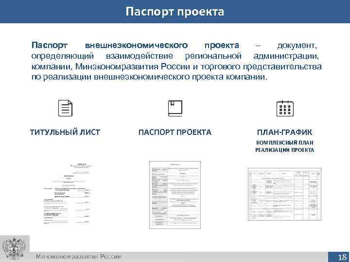     Паспорт проекта Паспорт внешнеэкономического проекта –  документ, определяющий взаимодействие
