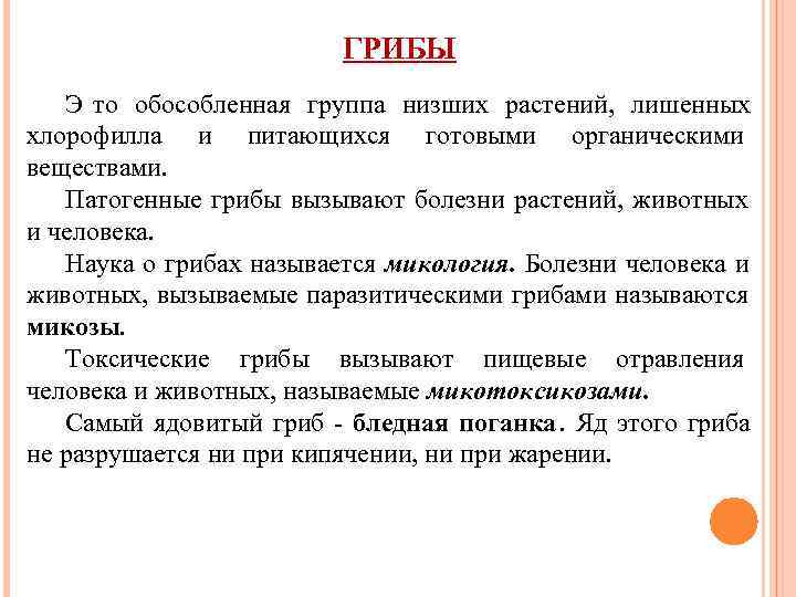      ГРИБЫ  Э то обособленная группа низших растений, лишенных