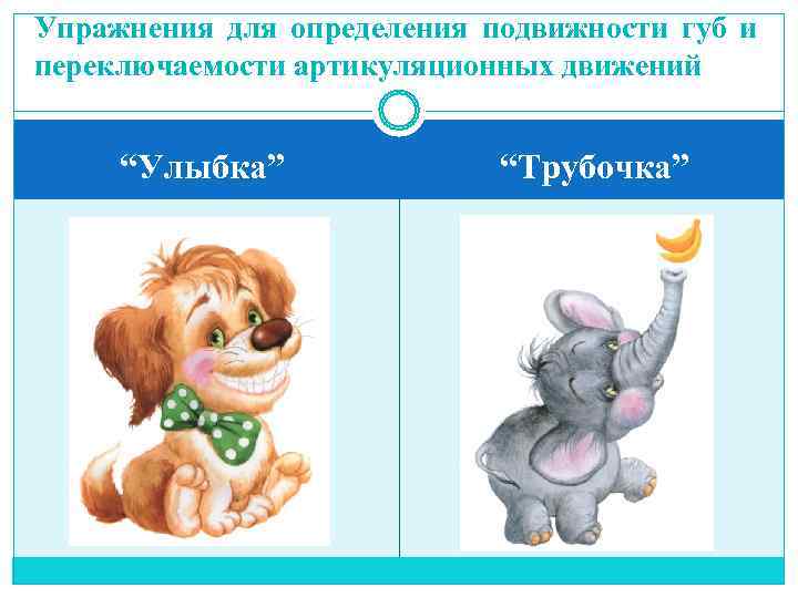 Упражнения для определения подвижности губ и переключаемости артикуляционных движений  “Улыбка”   
