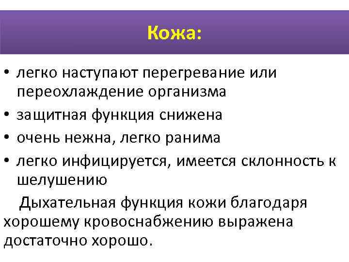    Кожа:  • легко наступают перегревание или переохлаждение организма • защитная