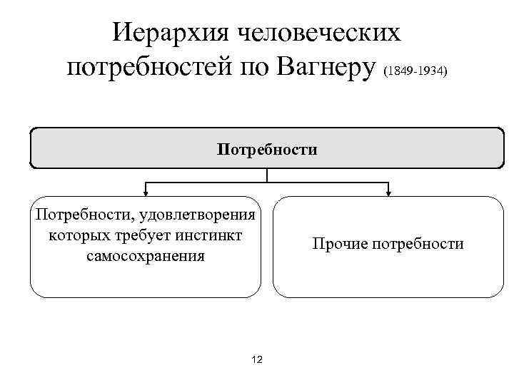  Иерархия человеческих  потребностей по Вагнеру (1849 -1934)    Потребности, удовлетворения