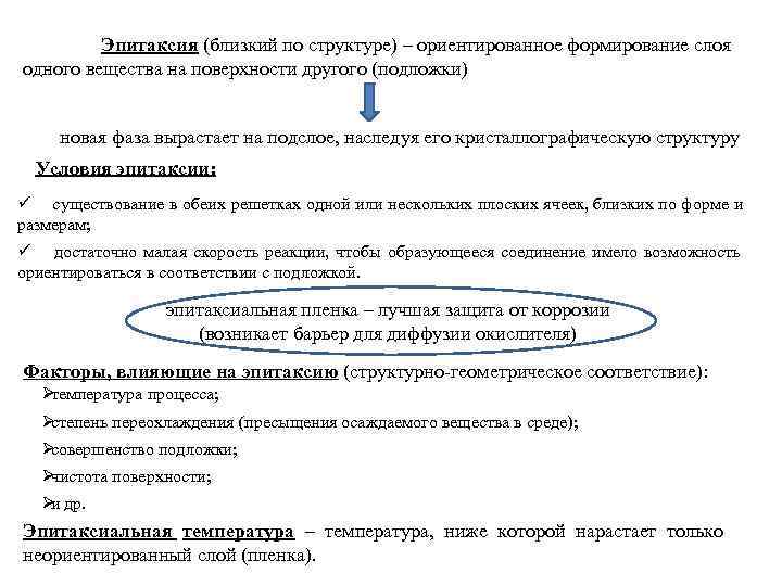    Эпитаксия (близкий по структуре) – ориентированное формирование слоя одного вещества на