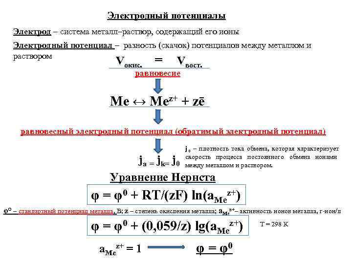        Электродный потенциалы  Электрод – система металл–раствор,