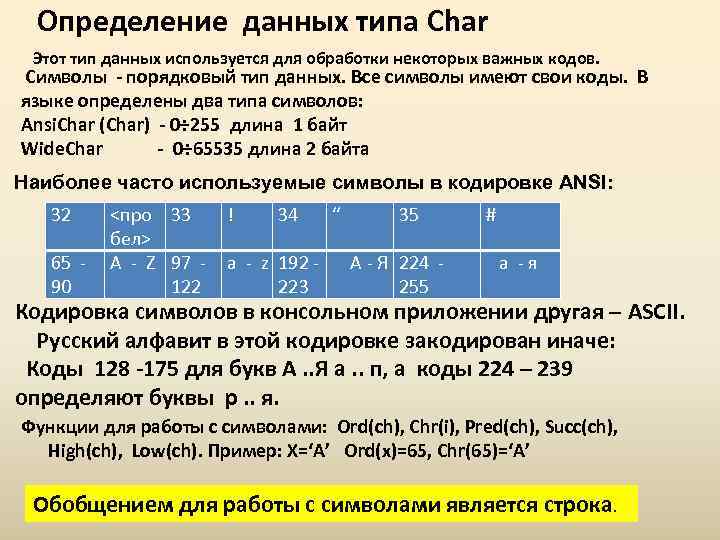  Определение данных типа Char Этот тип данных используется для обработки некоторых важных кодов.