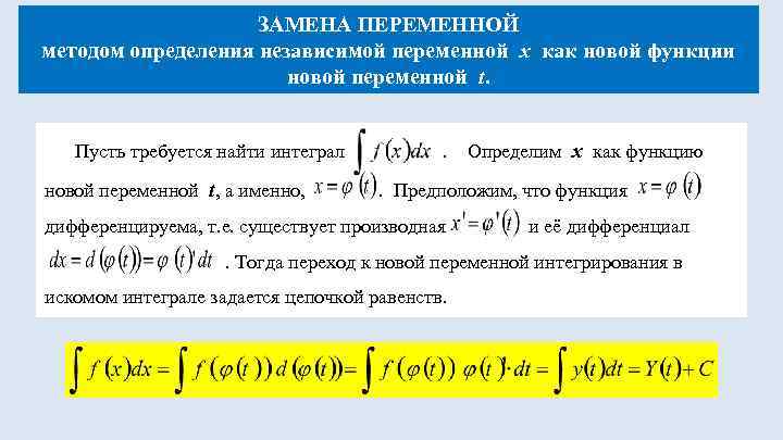     ЗАМЕНА ПЕРЕМЕННОЙ методом определения независимой переменной х как новой функции