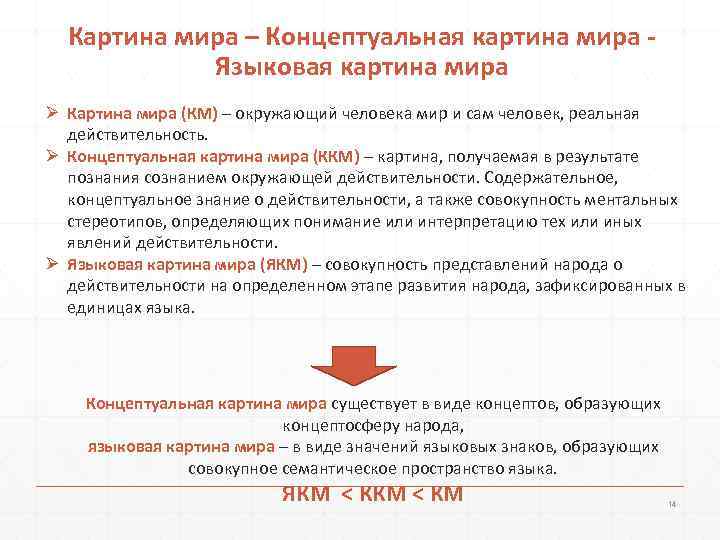  Картина мира – Концептуальная картина мира -   Языковая картина мира Ø