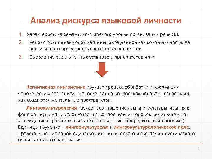  Анализ дискурса языковой личности 1. Характеристика семантико-строевого уровня организации речи ЯЛ. 2. Реконструкция