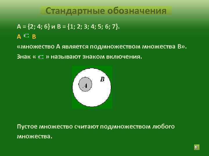 Стандартные обозначения А = {2; 4; 6} и В = {1; 2; Стандартные обозначения А = {2; 4; 6} и В = {1; 2;