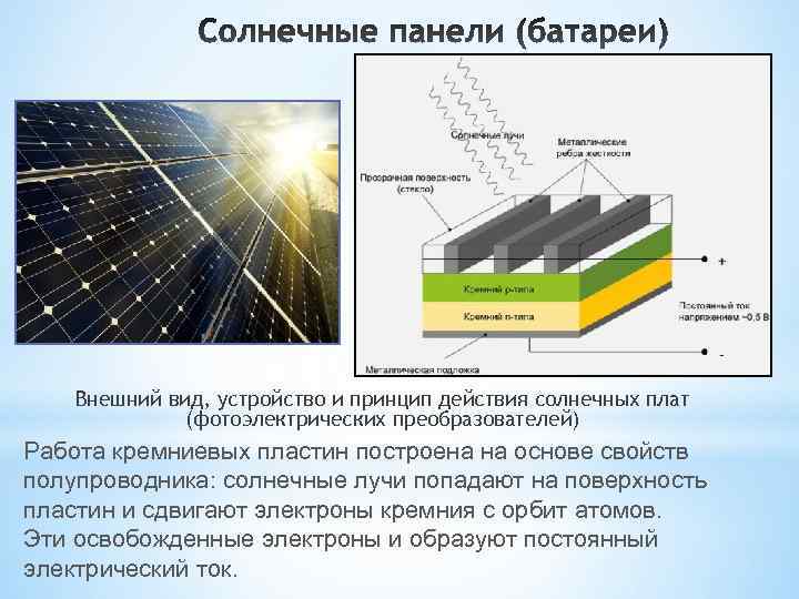   Внешний вид, устройство и принцип действия солнечных плат   (фотоэлектрических преобразователей)