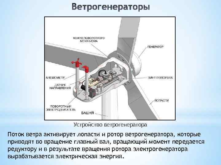     Устройство ветрогенератора Поток ветра активирует лопасти и ротор ветрогенератора,