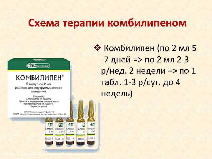 Схема терапии комбилипеном  v Комбилипен (по 2 мл 5  -7 дней =>