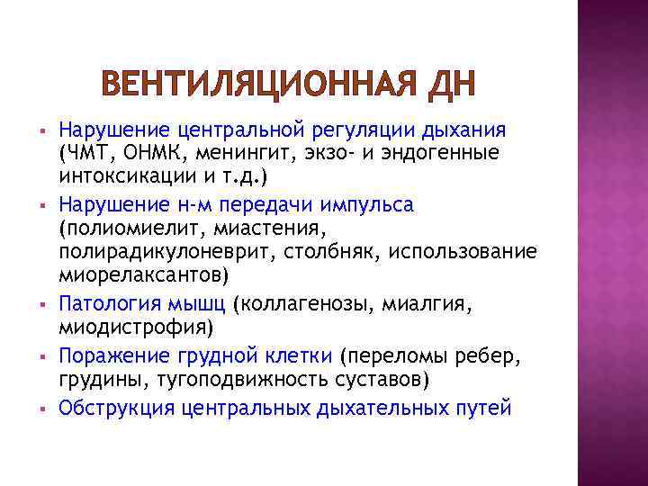 ВЕНТИЛЯЦИОННАЯ ДН § Нарушение центральной регуляции дыхания (ЧМТ, ОНМК, менингит, экзо- ВЕНТИЛЯЦИОННАЯ ДН § Нарушение центральной регуляции дыхания (ЧМТ, ОНМК, менингит, экзо-