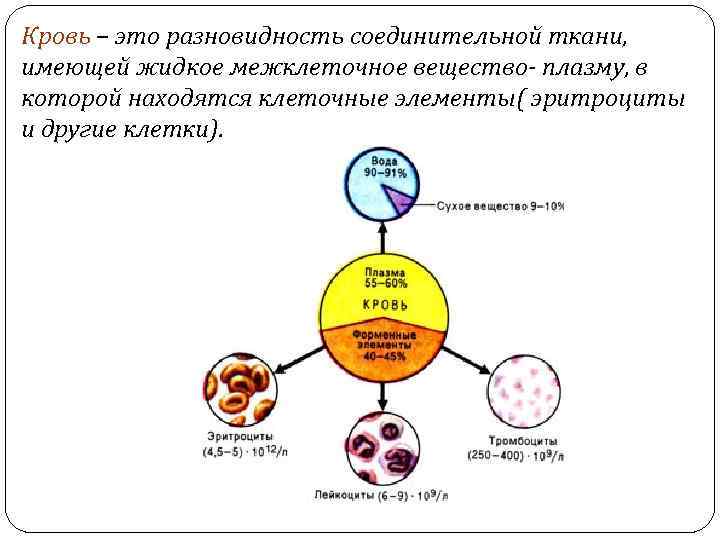 Кровь – это разновидность соединительной ткани, имеющей жидкое межклеточное вещество- плазму, в которой находятся