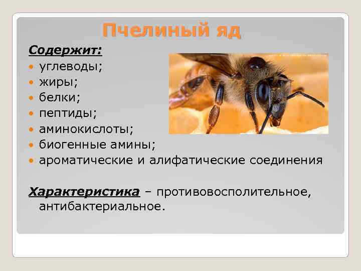    Пчелиный яд Содержит:  углеводы;  жиры;  белки;  пептиды;