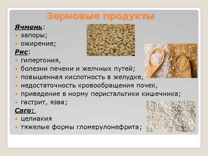   Зерновые продукты Ячмень: запоры; ожирение;  Рис: гипертония, болезни печени и желчных