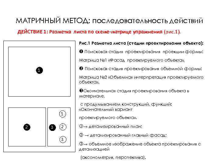 МАТРИЧНЫЙ МЕТОД: последовательность действий ДЕЙСТВИЕ 1: Разметка листа по схеме-матрице упражнения (рис. 1). 