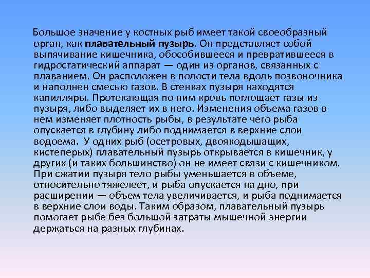  Большое значение у костных рыб имеет такой своеобразный  орган, как плавательный пузырь.