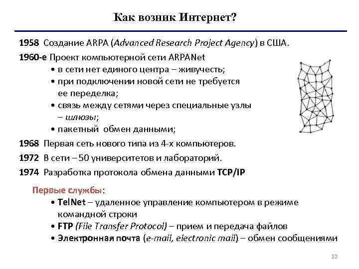      Как возник Интернет?  1958 Создание ARPA (Advanced Research