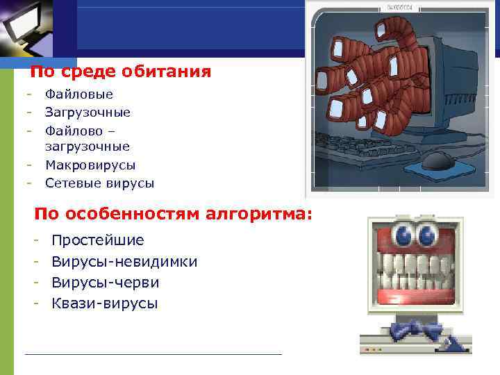 По среде обитания - Файловые - Загрузочные - Файлово –  загрузочные - Макровирусы