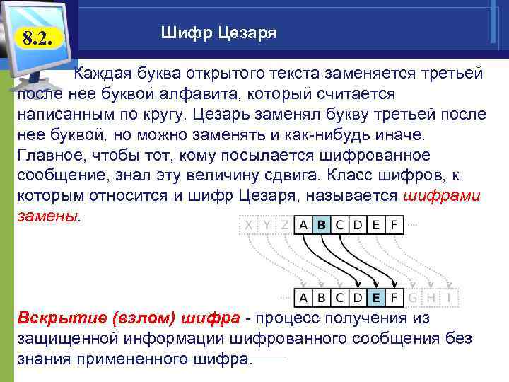 8. 2.   Шифр Цезаря   Каждая буква открытого текста заменяется третьей