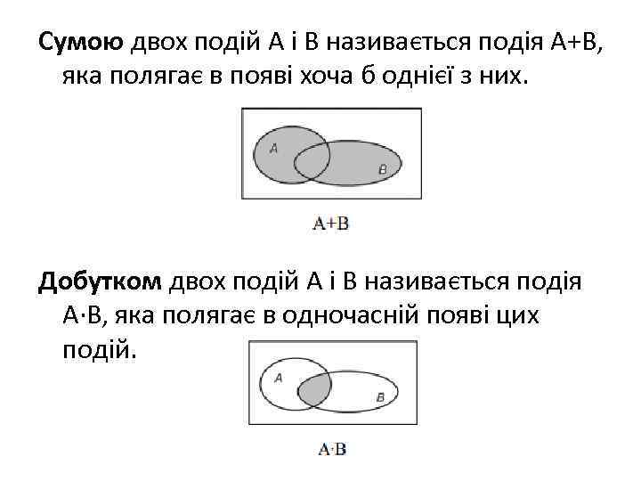 Сумою двох подій А і В називається подія А+В, яка полягає в появі Сумою двох подій А і В називається подія А+В, яка полягає в появі