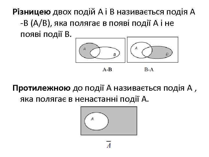 Різницею двох подій А і В називається подія А -В (А/В), яка полягає Різницею двох подій А і В називається подія А -В (А/В), яка полягає