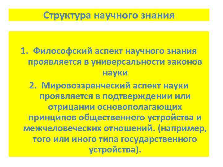   Структура научного знания  1. Философский аспект научного знания  проявляется в