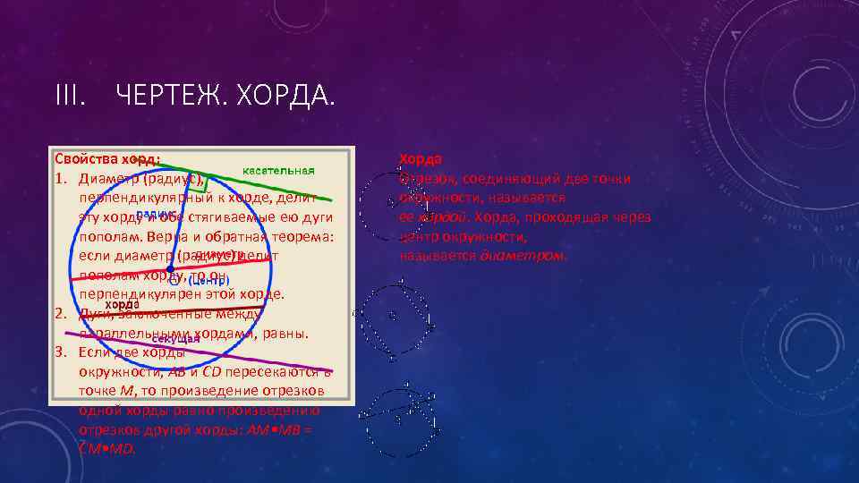 III. ЧЕРТЕЖ. ХОРДА. Свойства хорд:     Хорда 1. Диаметр (радиус), 