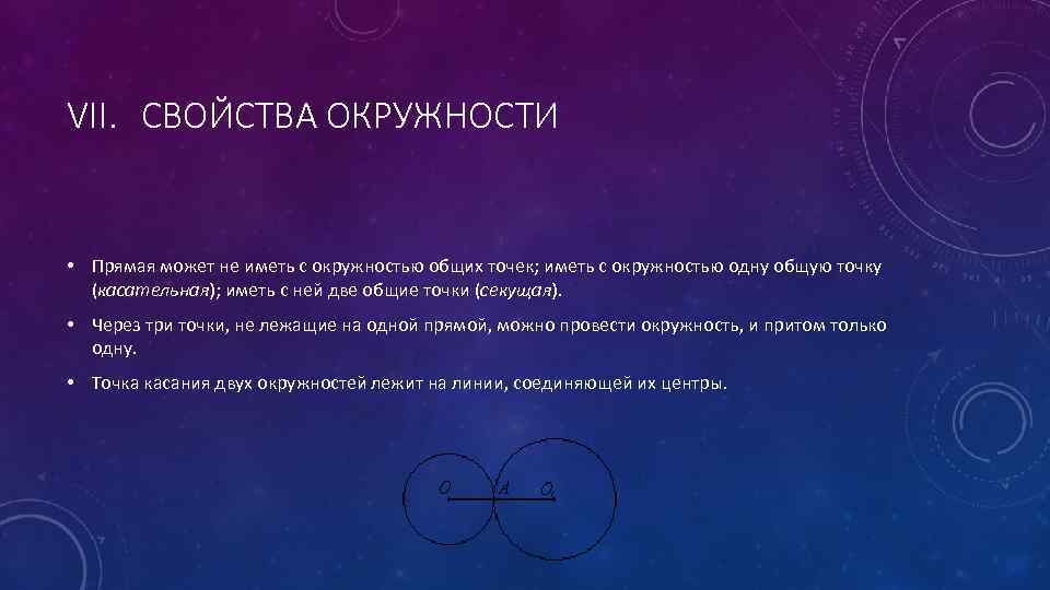 VII. СВОЙСТВА ОКРУЖНОСТИ  • Прямая может не иметь с окружностью общих точек; иметь