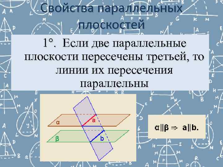  Свойства параллельных   плоскостей  1°. Если две параллельные плоскости пересечены третьей,