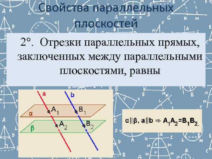   Свойства параллельных   плоскостей 2°. Отрезки параллельных прямых, заключенных между параллельными