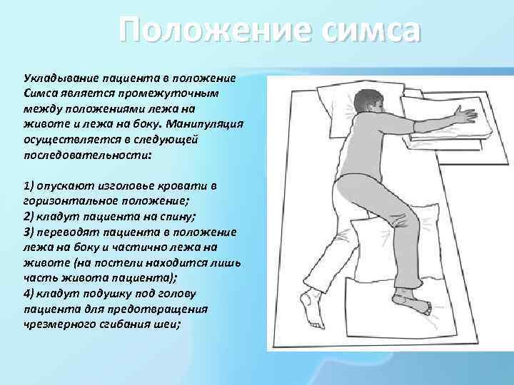    Положение симса Укладывание пациента в положение Симса является промежуточным между положениями