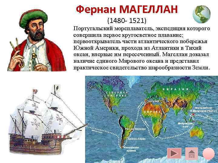 Фернан МАГЕЛЛАН (1480 - 1521) Португальский мореплаватель, экспедиция которого совершила первое кругосветное плавание; Фернан МАГЕЛЛАН (1480 - 1521) Португальский мореплаватель, экспедиция которого совершила первое кругосветное плавание;