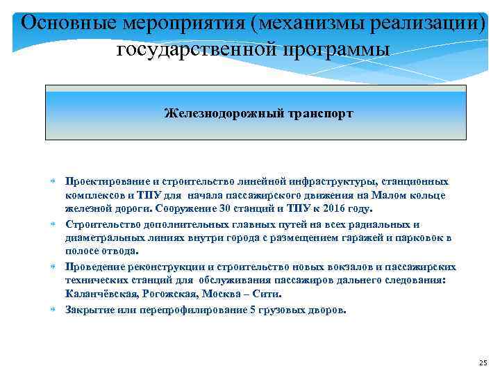 Основные мероприятия (механизмы реализации) государственной программы Железнодорожный транспорт Основные мероприятия (механизмы реализации) государственной программы Железнодорожный транспорт