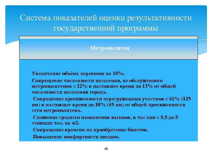 Система показателей оценки результативности государственной программы Метрополитен Система показателей оценки результативности государственной программы Метрополитен
