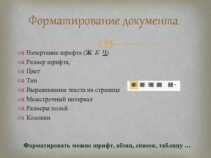   Форматирование документа     Начертание шрифта (Ж К Ч) 