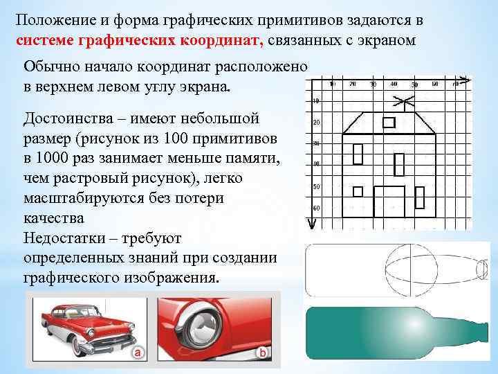 Положение и форма графических примитивов задаются в системе графических координат, связанных с экраном Обычно