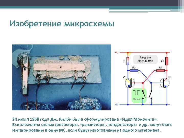 Изобретение микросхемы 24 июля 1958 года Дж. Килби была сформулирована «Идея Монолита» : 