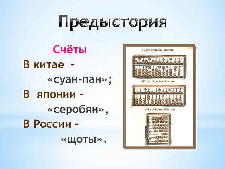 Предыстория Счёты В китае – «суан-пан» ; В японии – «серобян» , В Предыстория Счёты В китае – «суан-пан» ; В японии – «серобян» , В