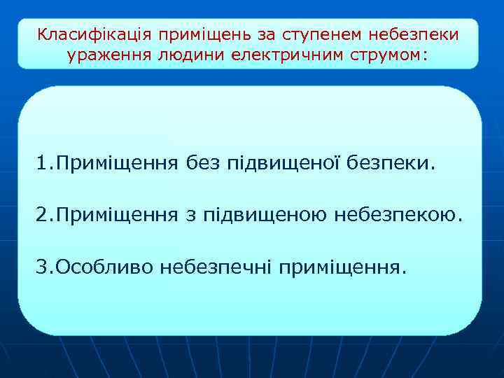 Класифікація приміщень за ступенем небезпеки ураження людини електричним струмом: 1. Приміщення без підвищеної безпеки.