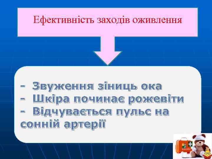  Ефективність заходів оживлення - Звуження зіниць ока - Шкіра починає рожевіти - Відчувається